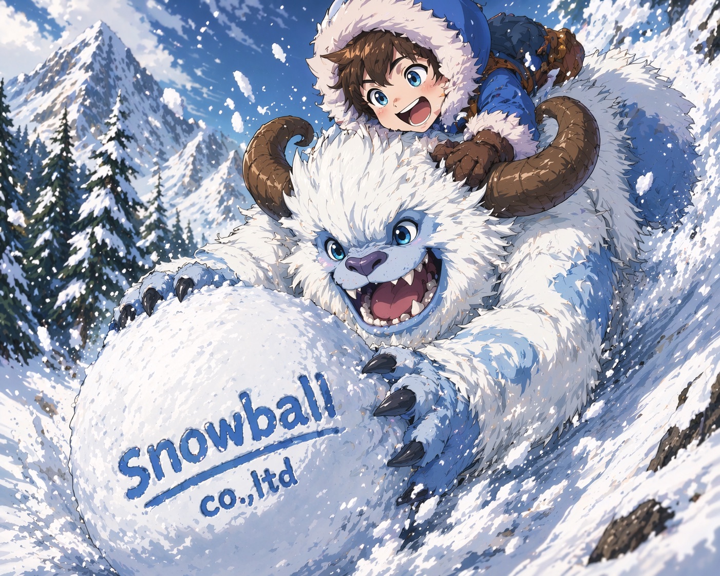 아이와 설인이 'Snowball co.,ltd'라고 적힌 커다란 눈덩이를 굴리며 눈 덮인 산비탈을 내려오는 일러스트